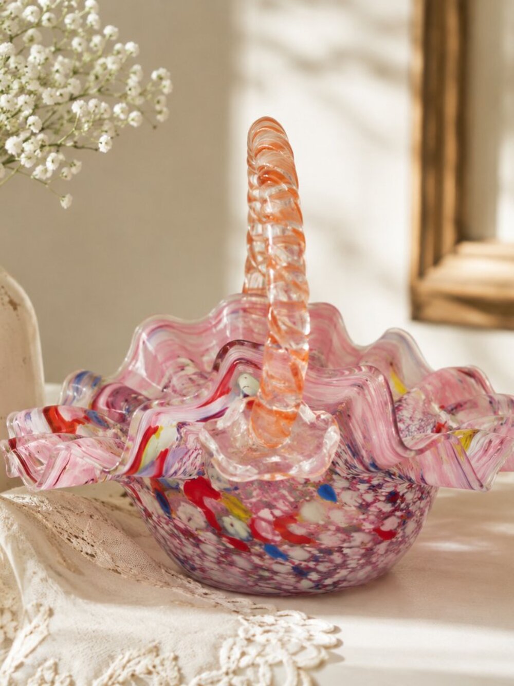 Hand Blown Pink Art Glass Ruffled Basket Twisted Handle Confetti Murano Style Va